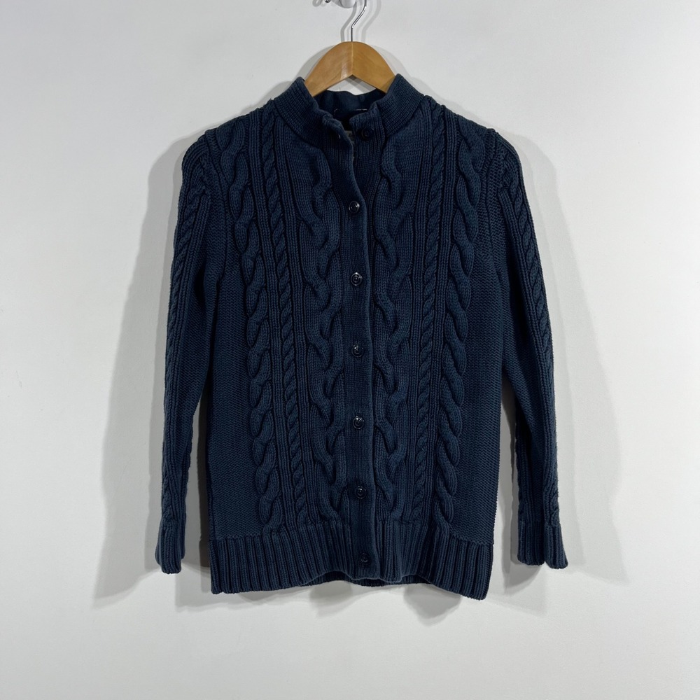 LL Bean Fisherman Granola Navy Cable Knit Cotton Cardigan Sweater Womens Medium